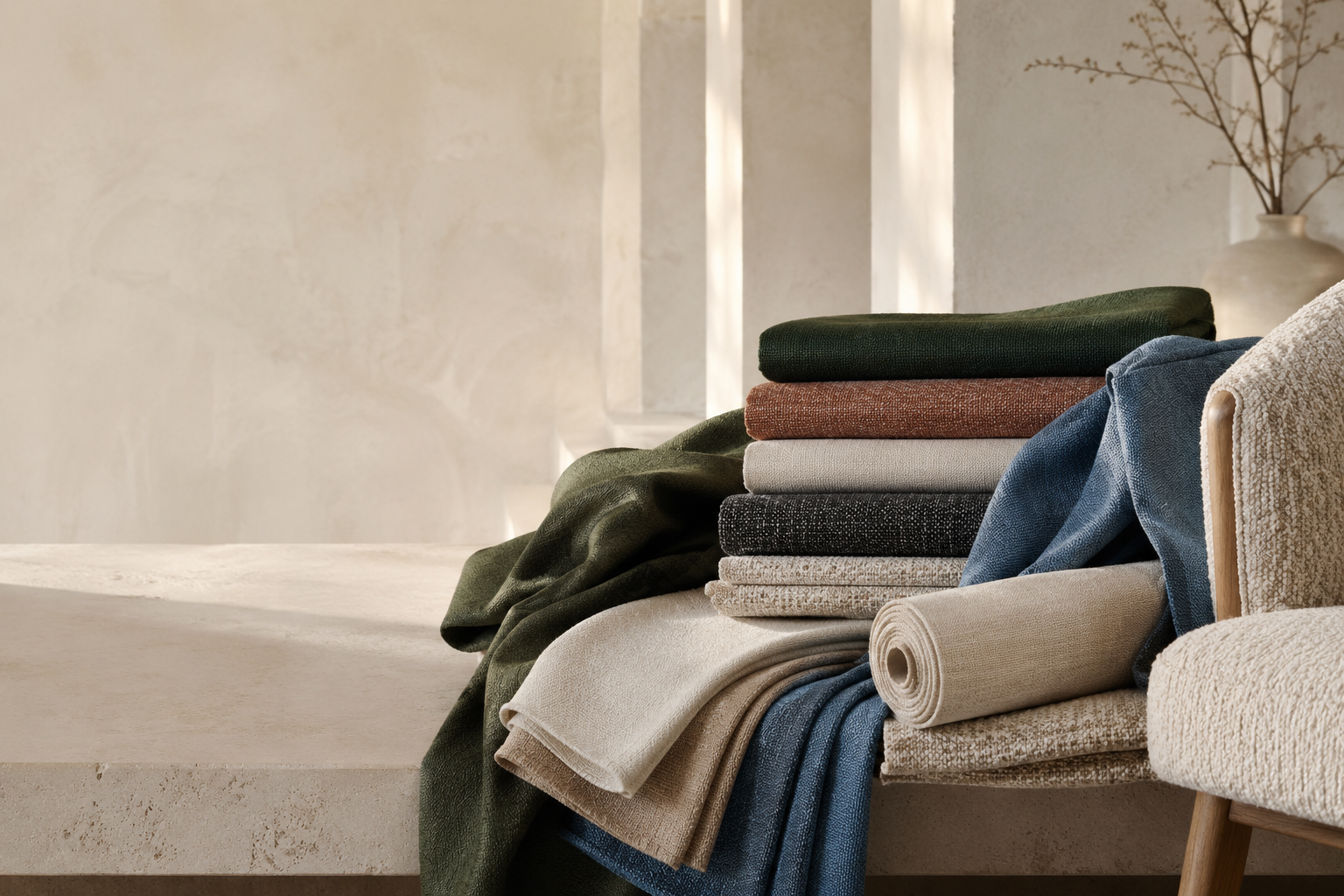 Fabric rolls and folded upholstery textiles